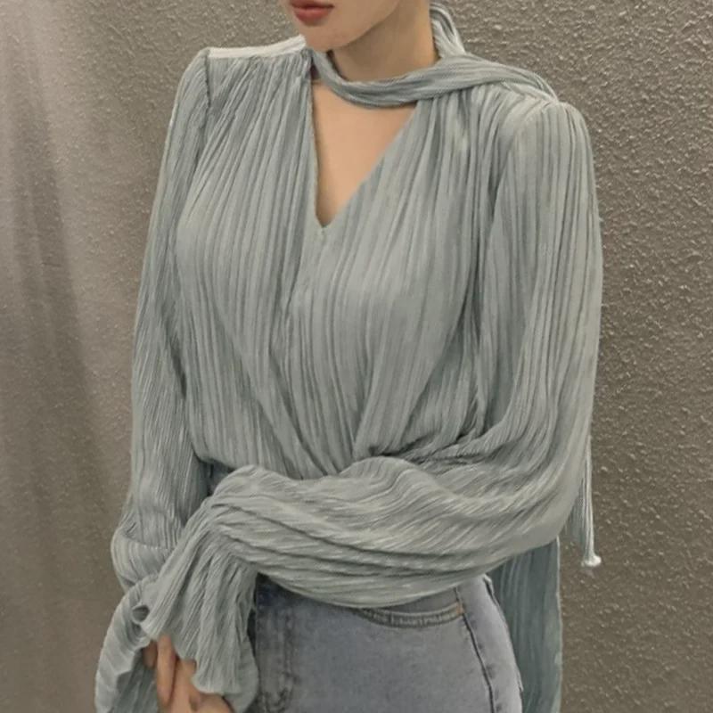 New V-Neck Trumpet Sleeve Loose Fit Casual Long-Sleeve Women's Top