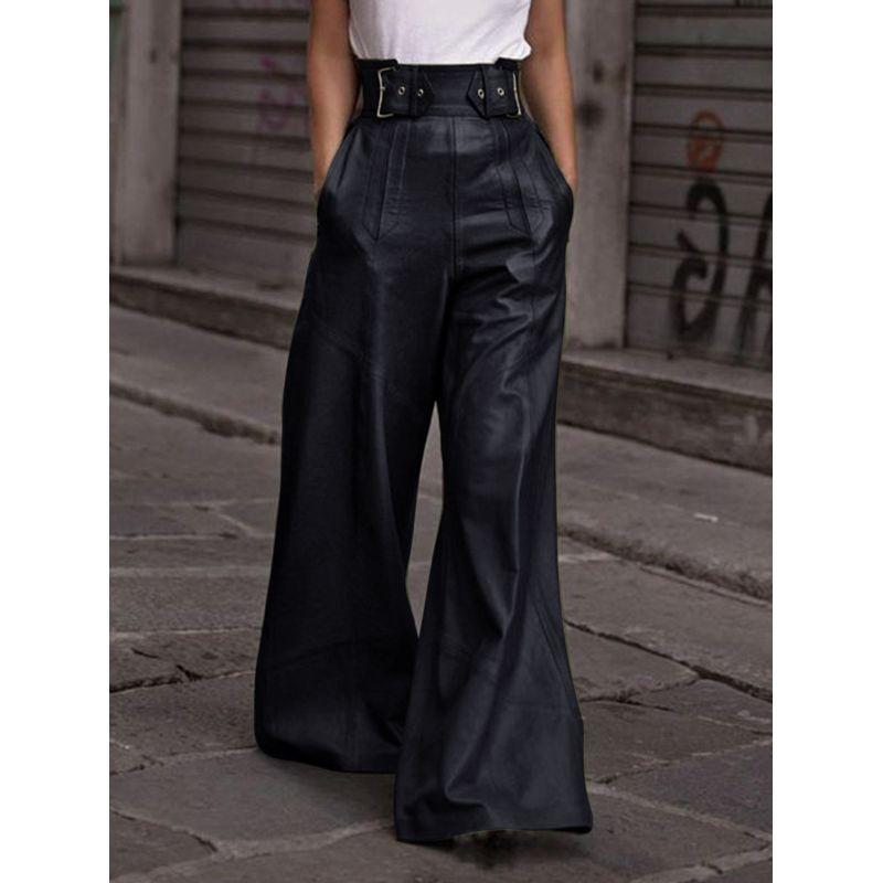 Plus Size Pants Cross-Border Amazon Fashion Leather Pants for Women High-Waisted Loose Pocket Waist-Cinching Pu Leather Flared Pants Casual Long Pants Black S