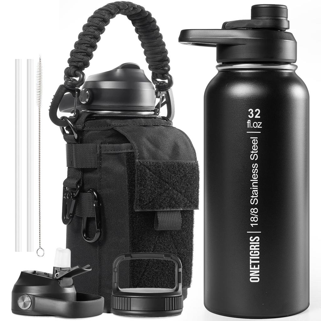 OneTigris 1 Liter Stainless Steel Water Bottle Set with Vacuum Keeps Hot or Includes 3 Replacement 2 and 1 Wide Easy To Military Suitable for Outdoor