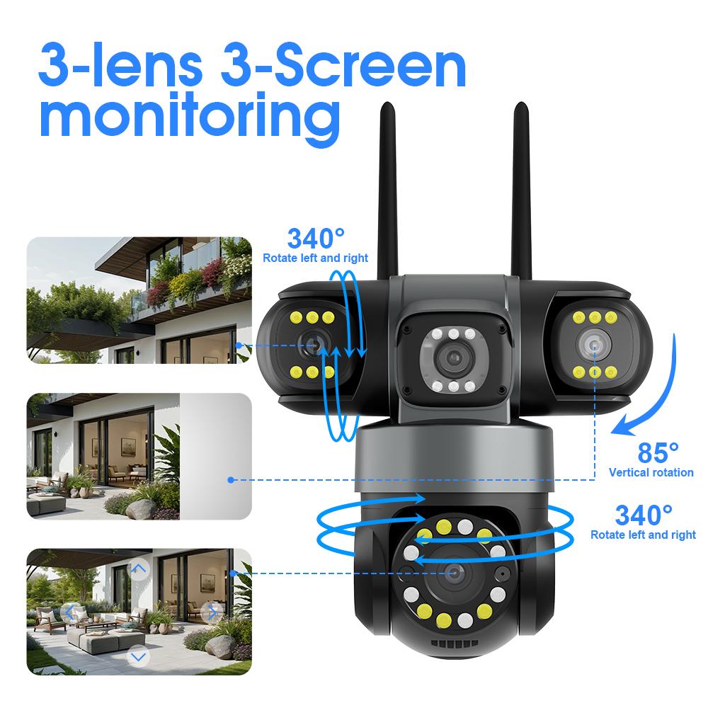 YOOSEE Ai APP Camera Outdoor Waterproof HD 6MP WIFI IP CCTV Night Vision Two-Way Intercom Smart Camera PIR Mobile Tracking Three Lens Camera