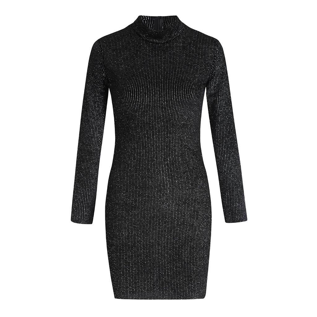 Women Sexy Sequin Turtleneck Slim Fit Lady Long Sleeve Everying Party Dress