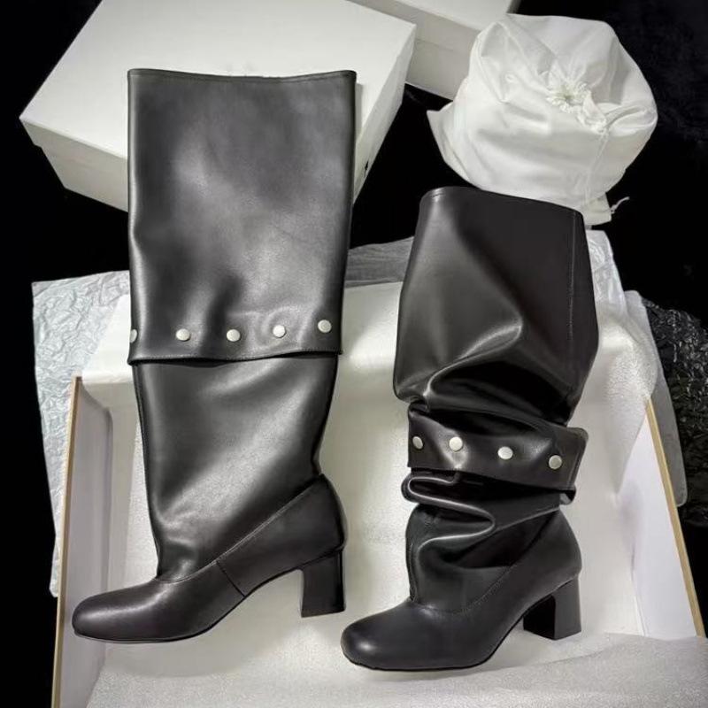 Cowhide~ Two Wear High Boots Female Knight Boots Autumn and Winter Round Head Splicing Thick Heel Sleeve Stacking Boots But Knee Rivets