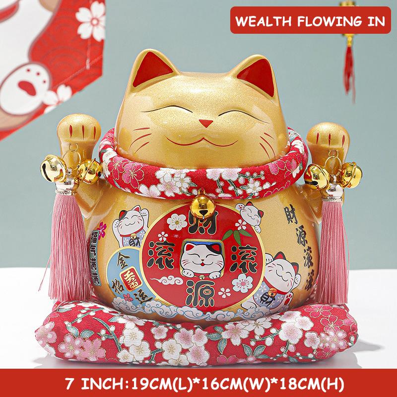 7 inch Ceramic Lucky Cat Statue Maneki Neko Porcelain Fortune Cats Figure Money Bank Feng Shui Decor Ornament Home Centerpiece