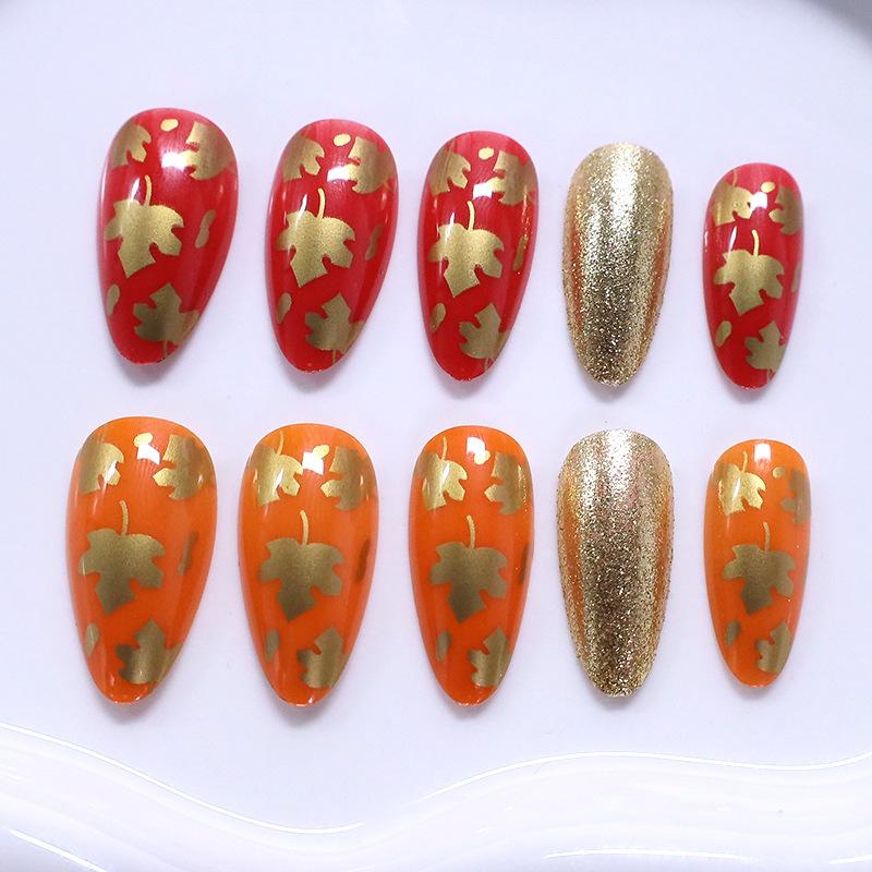 Hot-selling nail art autumn simple small fresh and elegant maple leaf gold glitter long almond wear armor