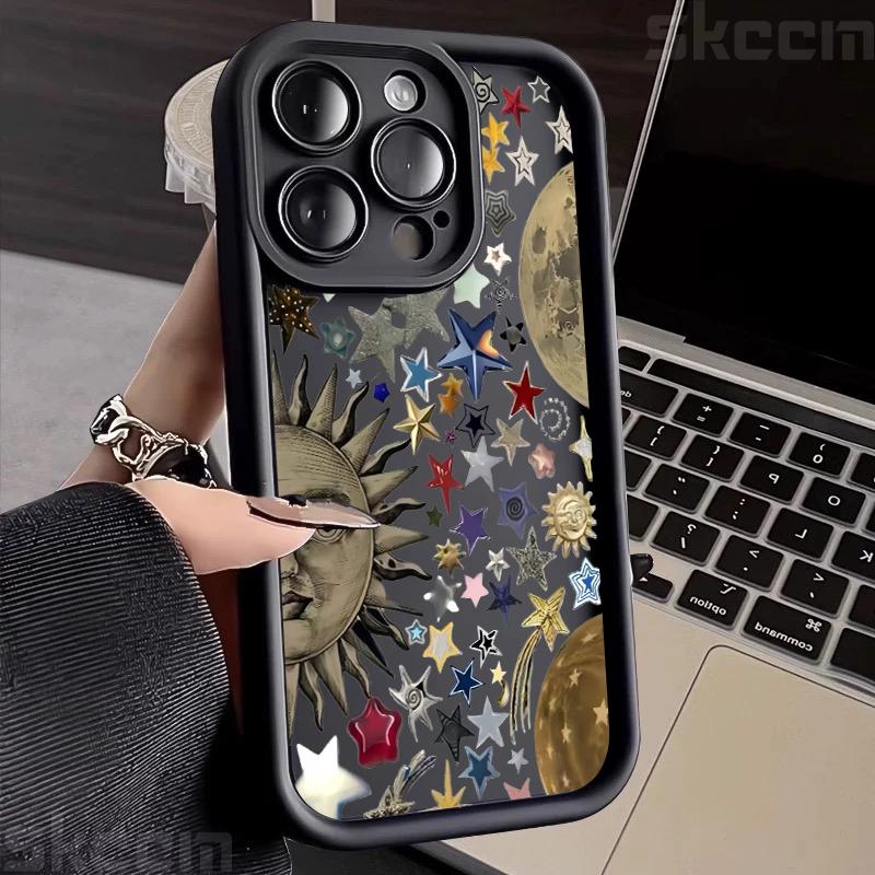 Retro Style Face Sun Stars Silicone Phone Case For iPhone 16 15 14 13 12 11 Pro Max 16E 7 8 Plus X XS XR Shockproof Soft Cover