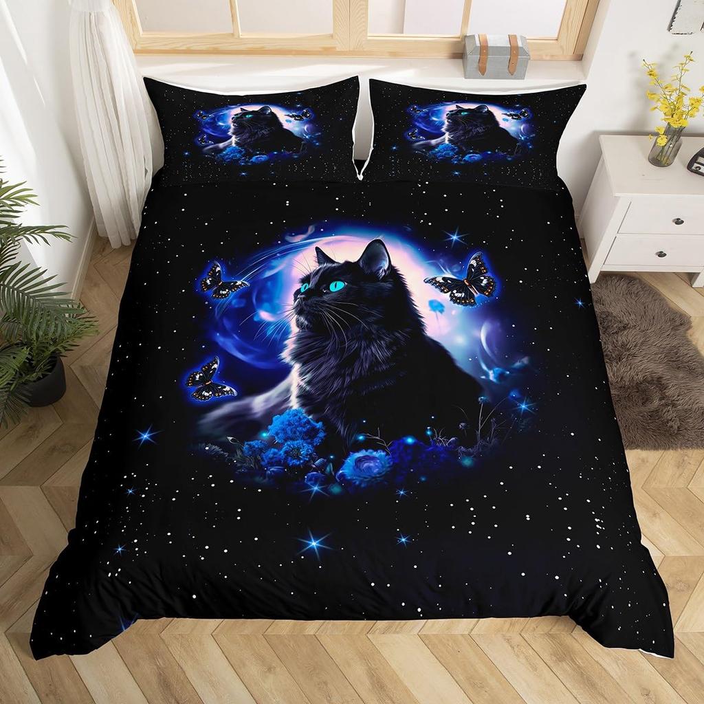 Cat And Butterfly Duvet Cover Sets Lightweight Quilt Cover With 2 Pillowcases Colorful Butterfly Animal Pet Theme Bedding Sets