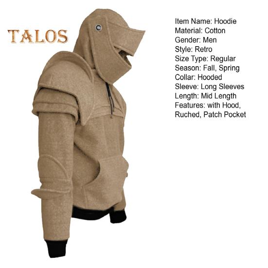 Men Halloween Hoodie with Hood Knight Drawstring Patch Pocket Ruched Elastic Cuff Long Sleeves Warrior Medieval Costume