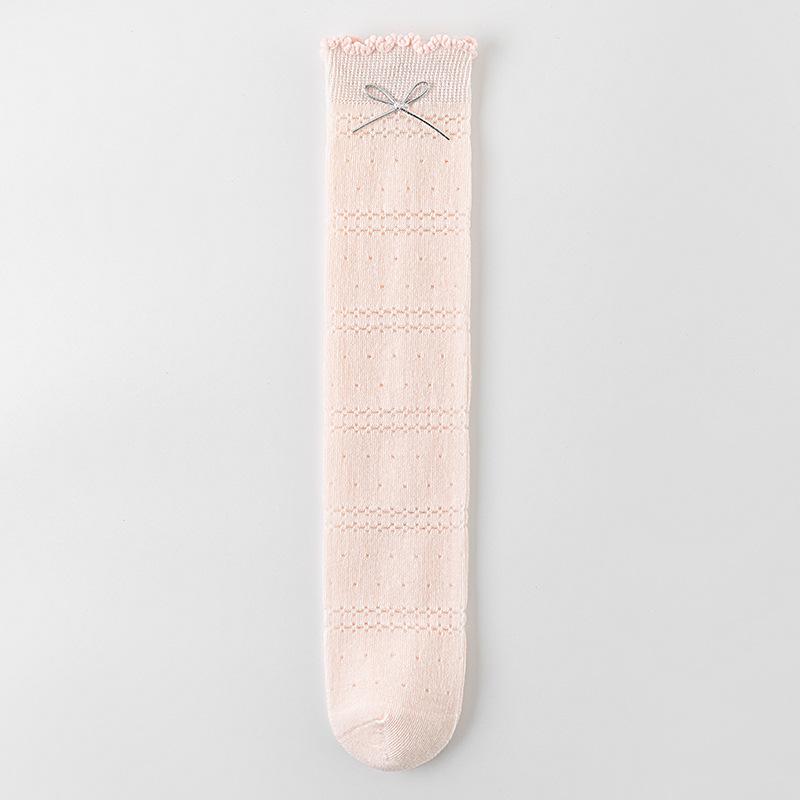 Girls Summer Thin Mesh Socks Sweet Princess Bow Ruffle Breathable Hollow Solid Mid Tube Childrens Stockings