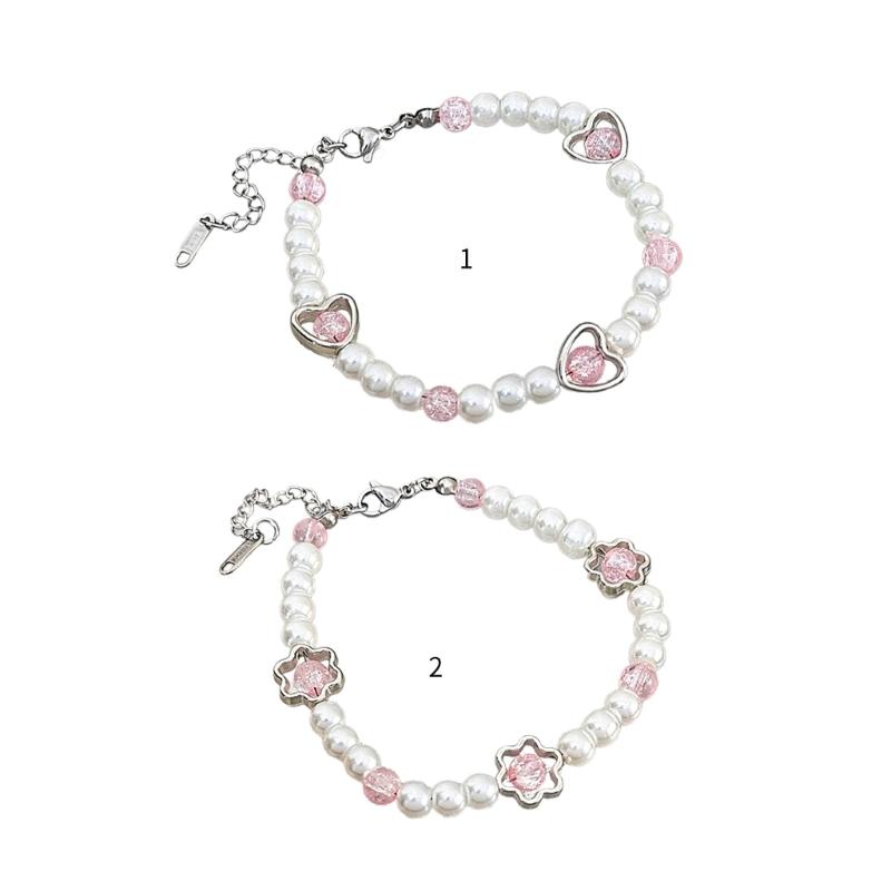 Stylish Bracelet with Heart Shaped Flower Imitation Pearls Wrist Jewelry Adjustable Size Perfect for Daily Wear