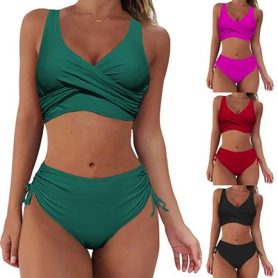 Swimsuit Split Bikini Solid Color Cross High Waist with Straps Sexy Swimsuit