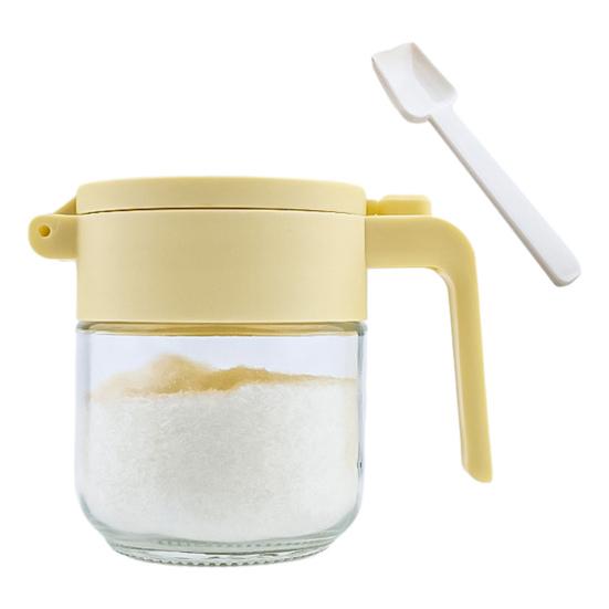 Glass Spice Jar with Airtight Lids Measuring Spoons 250ml Seasoning Bottle for Salt Sugar Seasonings Press-Type One-Hand Open Moisture-Proof Condiment