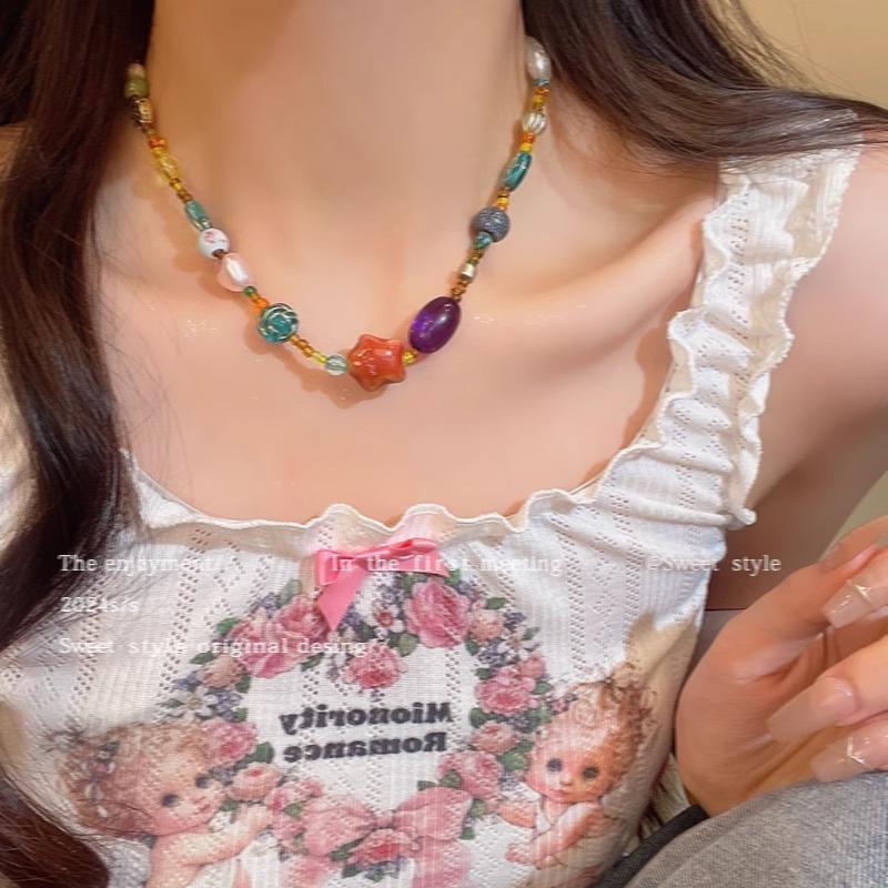 Dopamine Style Ceramic Glass Bead Choker Necklace for Women Sweet Seashell Pendant Collar Chain