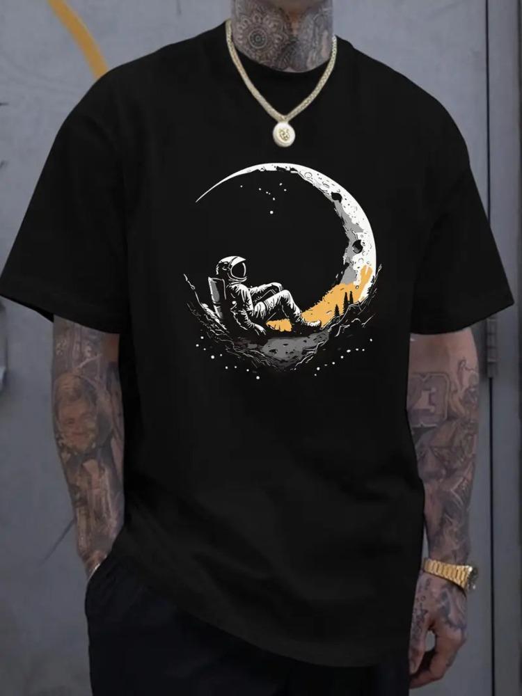 Unisex Black Summer Short Sleeve Crew Neck Tee Astronaut Rest On Crescent Moon Star Print Loose Streetwear Casual Daily Unisexs Top