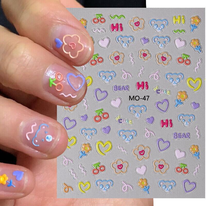 5D Nagelaufkleber mit Cartoon-Prägung und bunten Herzmustern, kindliche Aufkleber