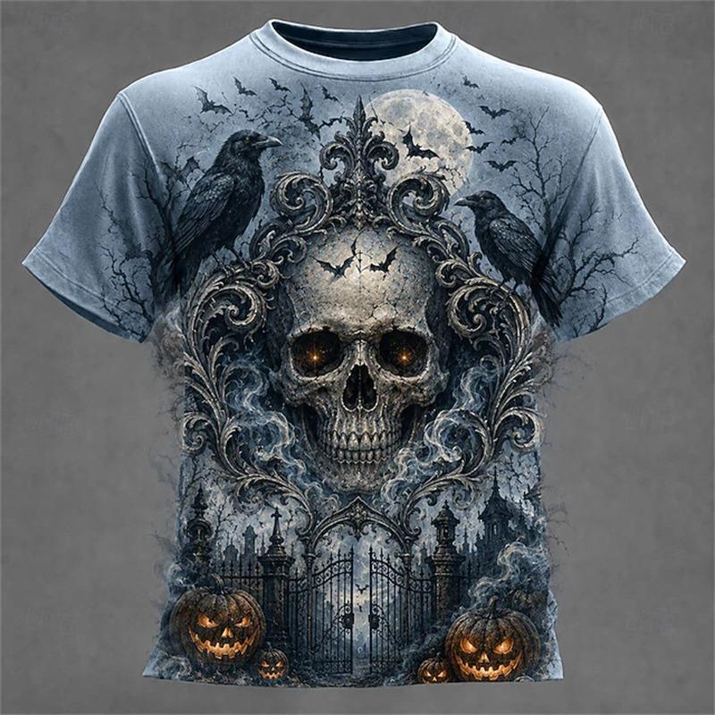 New Men's Crew-Neck T-Shirt Pumpkin Skeleton and Scarecrow Print Halloween Horror Casual Top Unisex Holiday Party Outfit