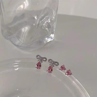Exquisite Pink Zircon Bow Stud Earrings Romantic Heart  Earrings For Women Wedding Party Valentine'S Day Jewelry Gifts