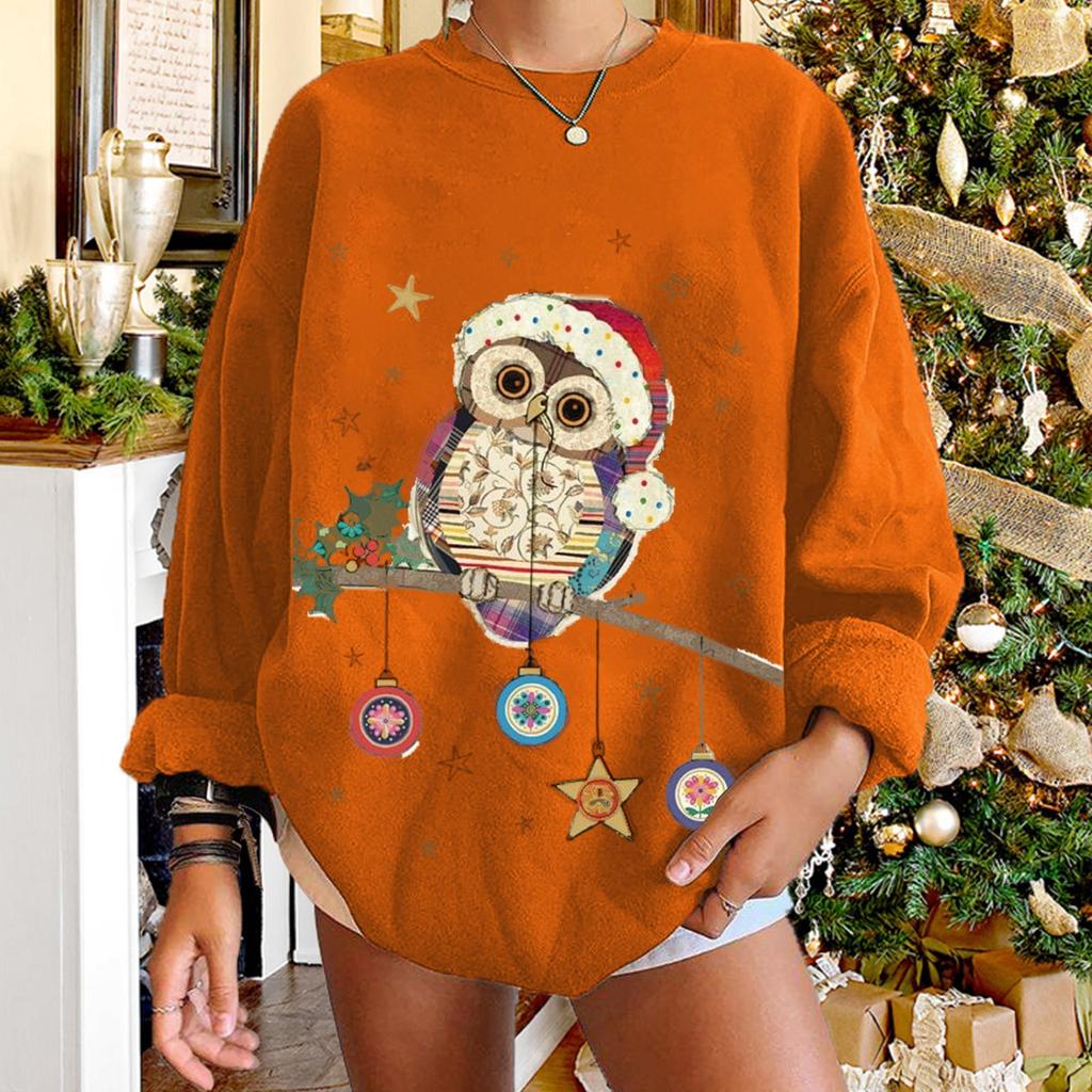 Women's Fashion Casual Christmas Print Round Neck Sweater Loose Sports Tops Pullover