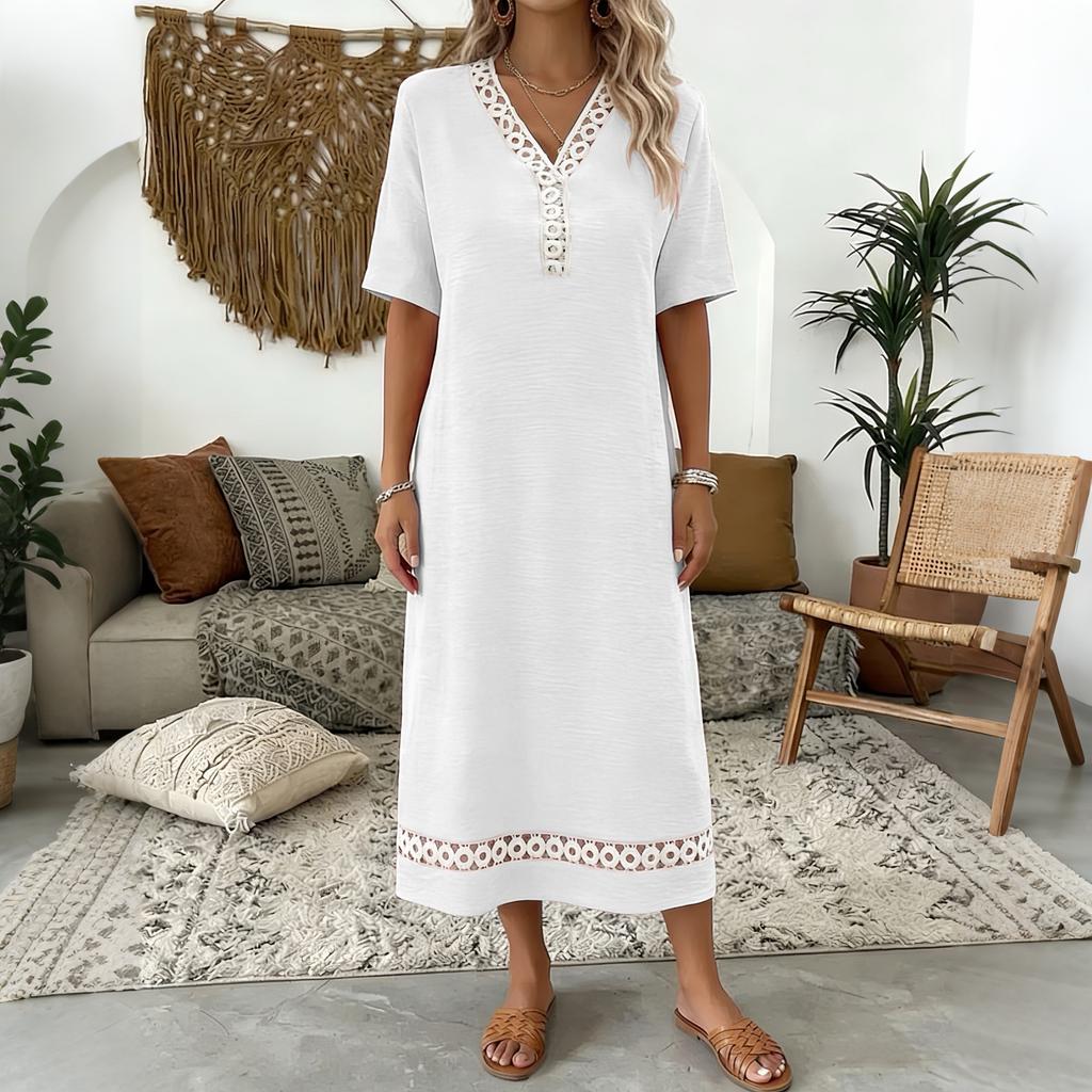 Women's Elegant Lace Trim Short Sleeve Midi Dress V Neckline Lightweight Summer Casual Dress for Daily Wear