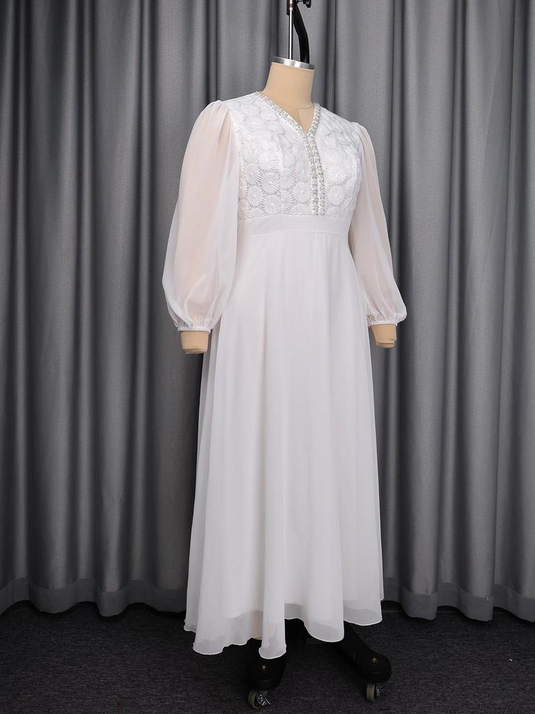 Weißes Spitzen-Chiffon-Kleid für Damen in Übergröße mit V-Ausschnitt, Fledermausärmeln & taillierter Taille für Hochzeiten oder Partys