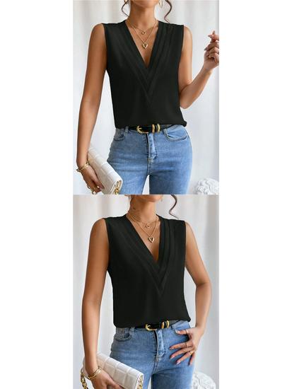 European and American Women's Summer V-Neck Layered Solid Color Top