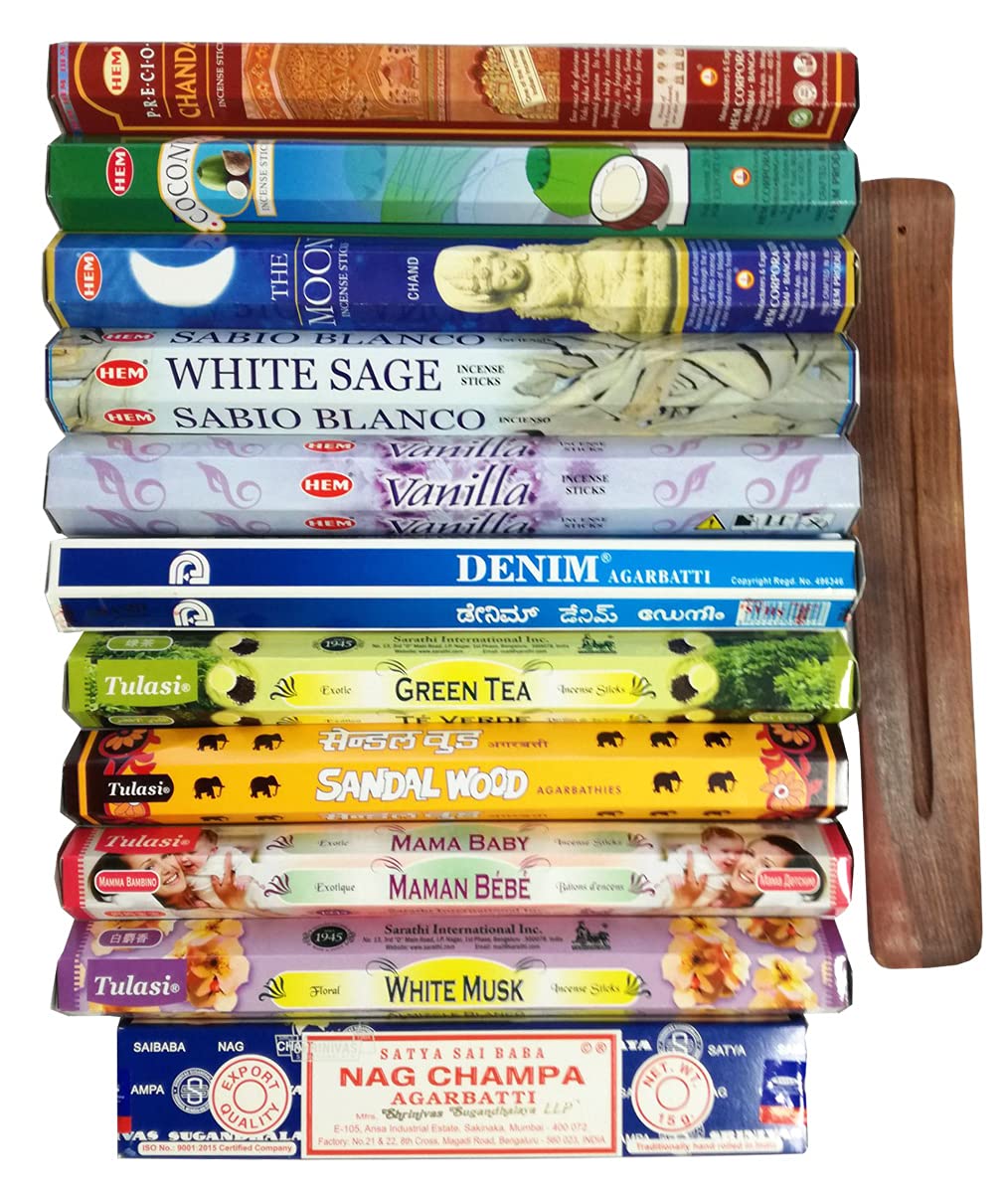 

HEM 11 types of Indian incense with wooden incense holder