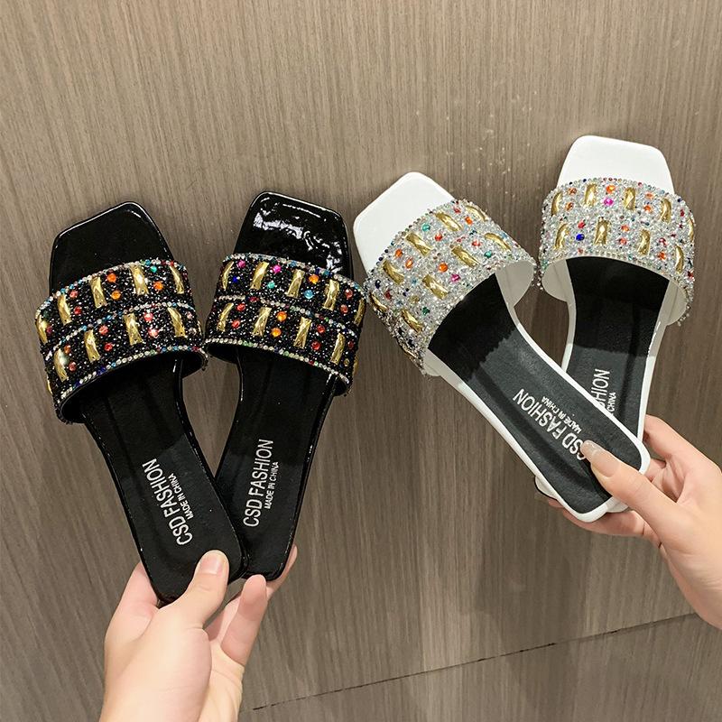 Fashion Slippers for Women Shiny Rhinestone Sandals Women Outdoor Beach Casual Shoes Sexy Fashion Big Size Flat Shoes Sandalias De Mujer