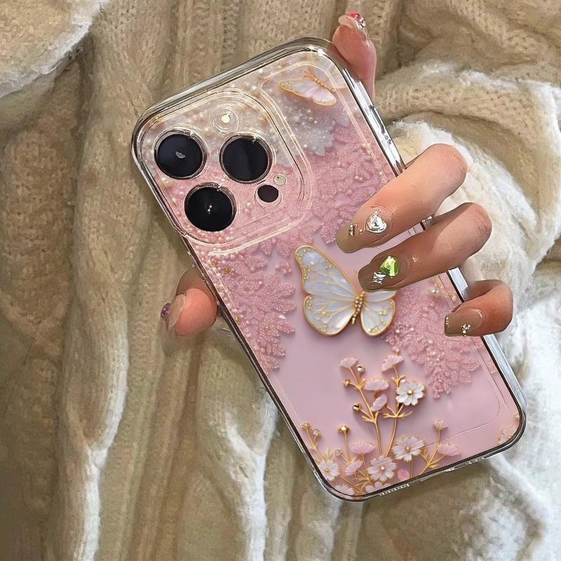 Pink Lace Butterfly Design Clear Phone Case For iPhone 17 16 15 14 Pro Max 13 12 11 7 8 Plus 16e 17 Air Soft TPU Cover
