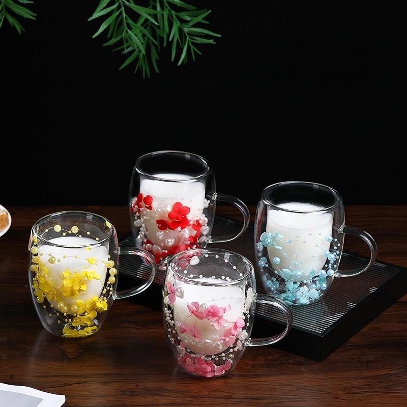 1Pcs Dried Flower Decorative Milk Tea Cup 150/300Ml Double-Layer Dried Flower Glass Cup High Temperature Resistant Coffee Cup