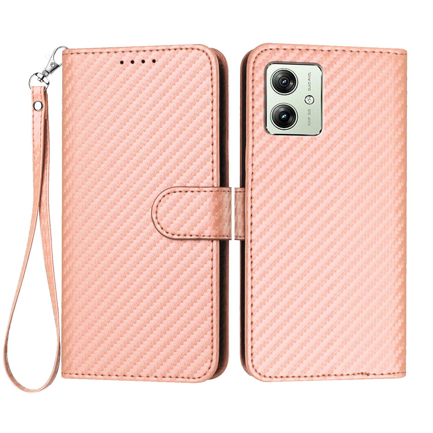 

For Motorola Moto G54 Power 5G Wallet Case with Strap Carbon Fiber Texture Leather Mobile Cover Pink