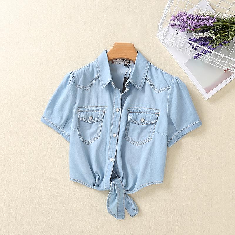 Camicia Corta in Denim Annodata da Donna Figura Piccola con Maniche Estiva Slimming Puro Cotone Sottile Scialle Protezione Solare Soprabito
