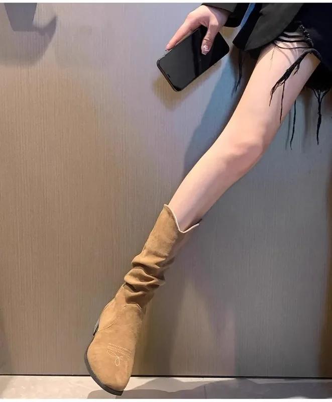 

Женские сапоги на платформе осень-зима винтажные вышитые ковбойские сапоги коричневые с V-образным вырезом коричневые туфли до середины голени женские сапоги 40