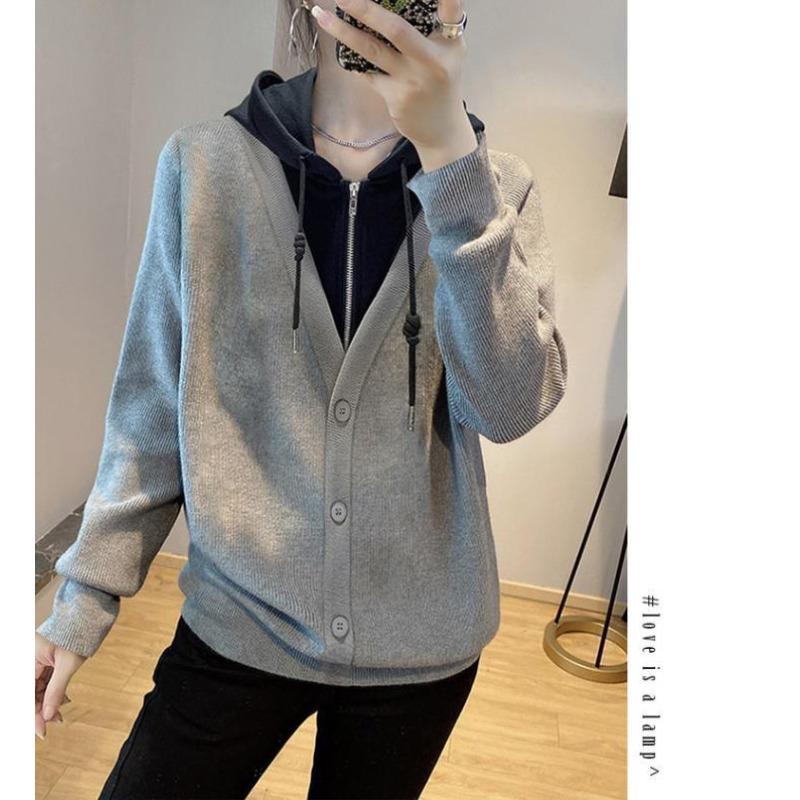 Dámský mikinový svetr s kapucí a falešným dvoudílným designem, kabátek, nejnovější styl