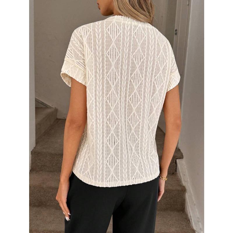 VEZFAA Women's Fashion Casual Summer Spring Solid Color Print Short Sleeve O-Neck Blouses & Shirts