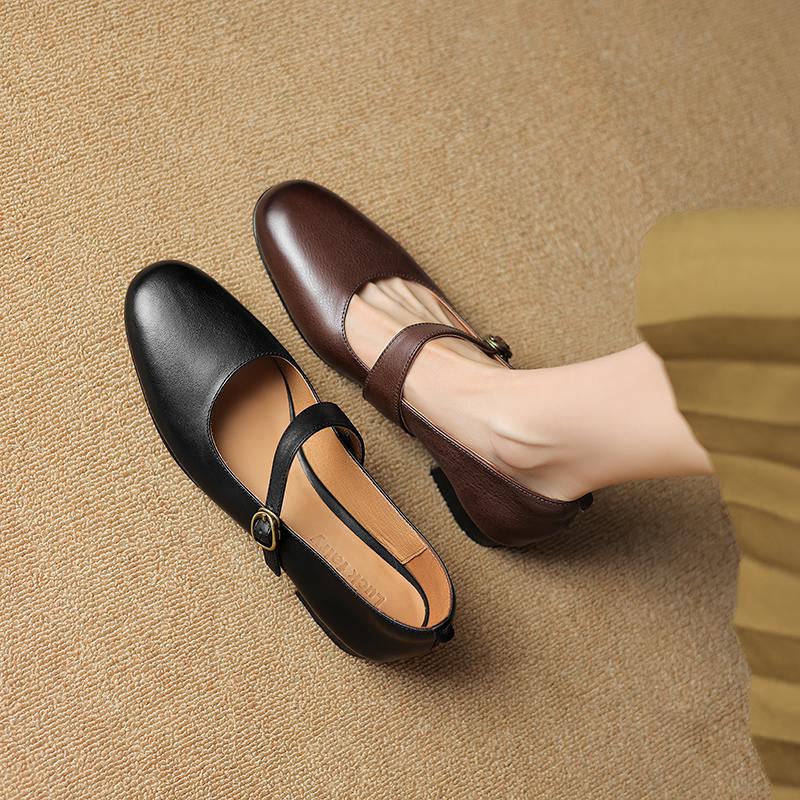 Hovězí kůže s kulatou špičkou tlusté střední podpatky podzimní boty Mary Janes pevné dámské lodičky