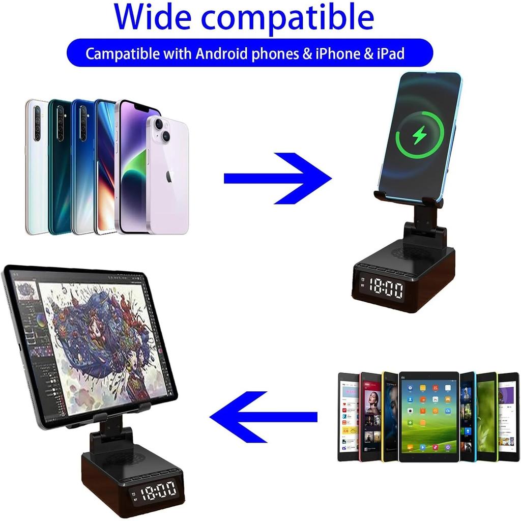 15 W Faltbares kabelloses Ladegerät LED-Zeitanzeige Wecker Telefonständer Bluetooth-Lautsprecher für iPhone 15/14/13Pro