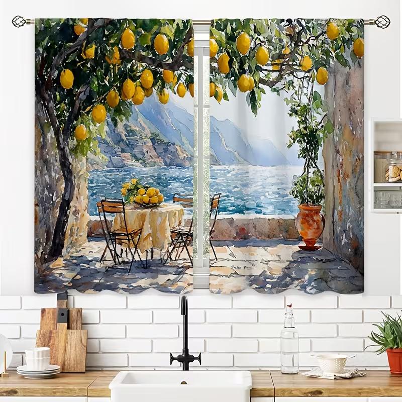 

2Pcs Lemon trees by the seaside print curtains suitable for bedroom living room kitchen decoration home decoration window decor 100*130 Rod Pocket 1pcs