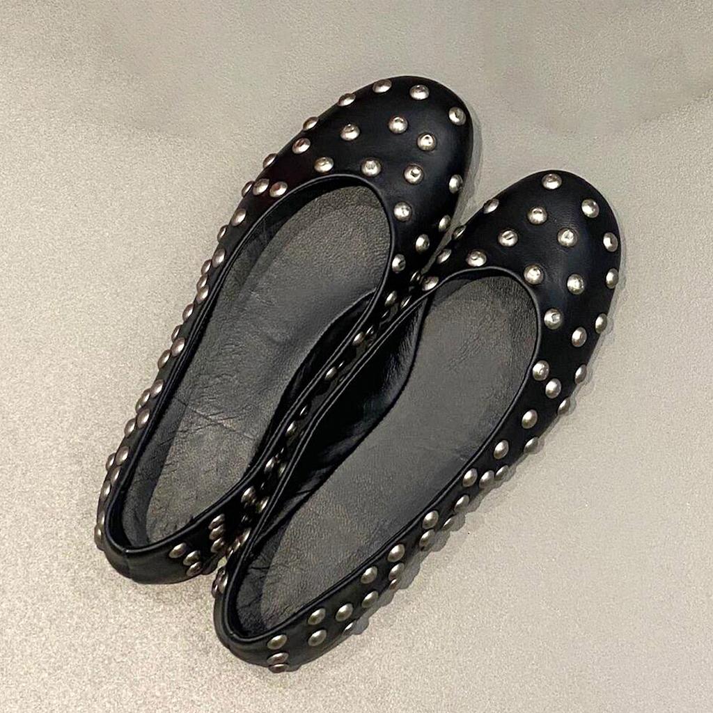 Sheepskin version~ French niche retro riveted ballet shoes leather round head flat bottom Mary Jane shallow mouth single shoes women