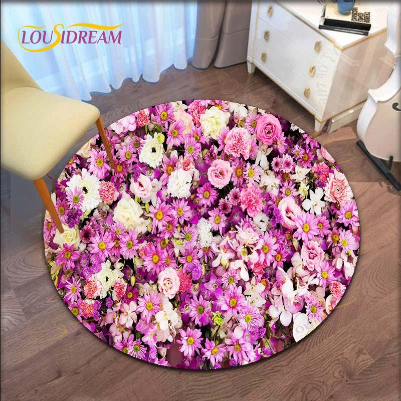 Rose Flower Waterproof and Non-slip Circle Cute Floor Rug Round Area Rugs Living Room Children Chair Tent Play Game Carpets