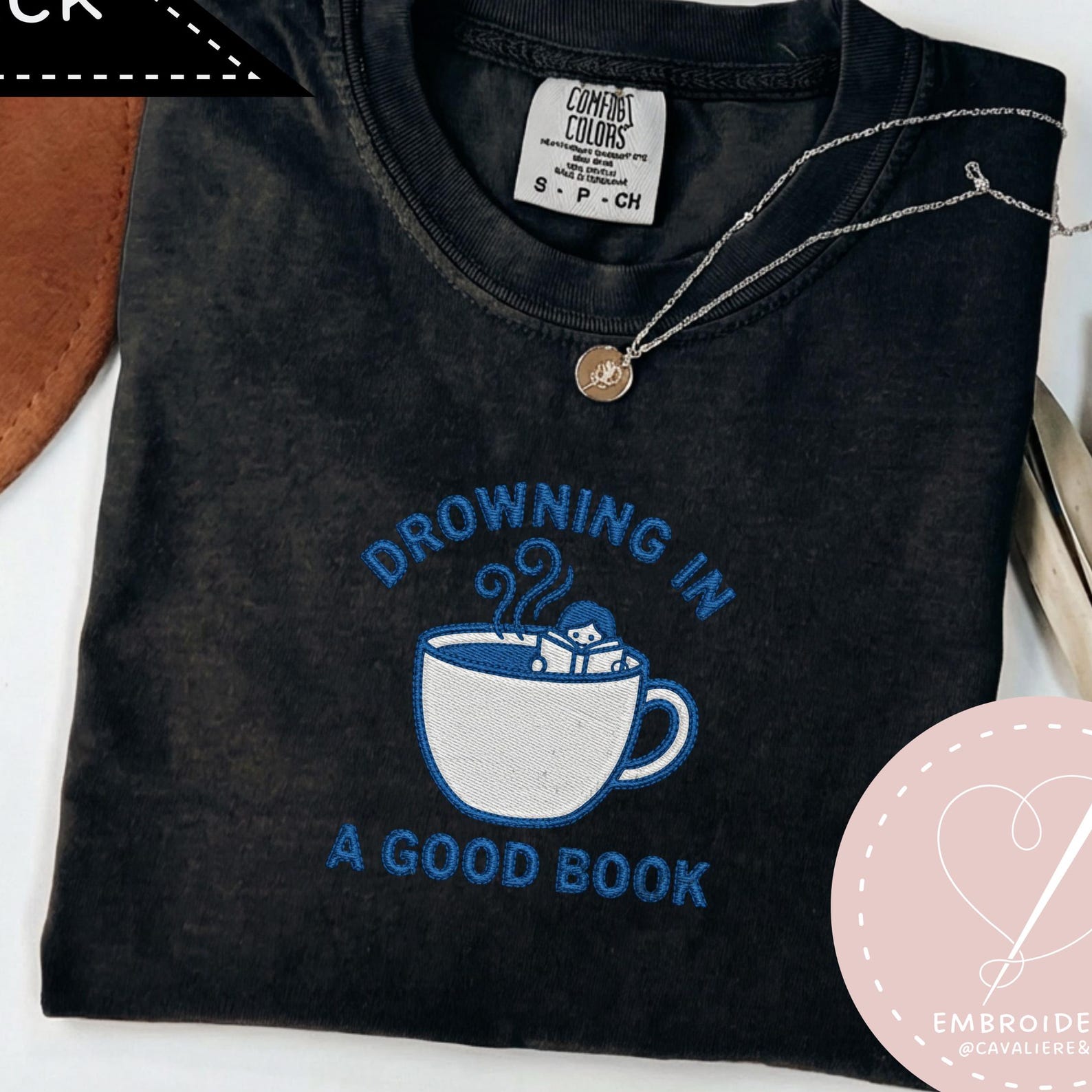 Embroidered Drowning in a Good Book Shirt, Comfort Colors Reader Tshirt, Gift for Book Lover, Book Lover Shirt L