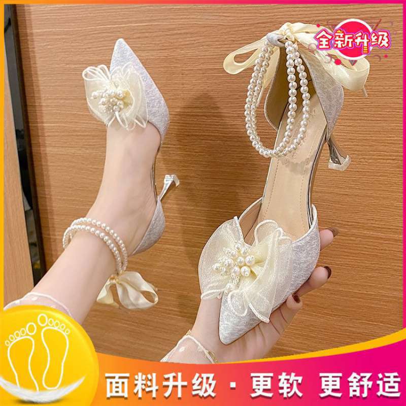 Medium heel stiletto high heels women's sandals 2025 summer new one-word buckle bow single shoes fairy style work shoes