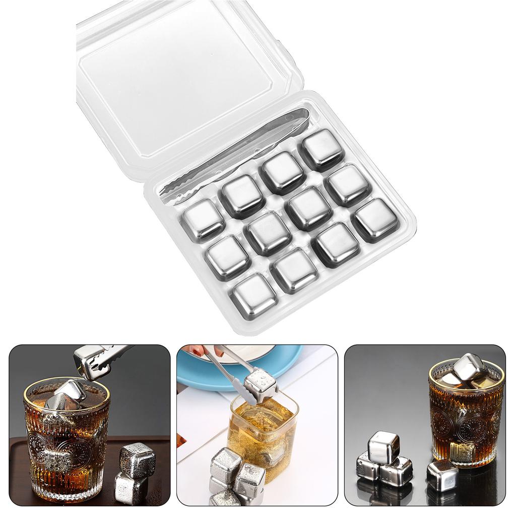 12Pcs 304Stainless Steel Ice Cube Set with Tongs Drinking Chilling Stone Metal Ice Chilling Ice Suitable for Cooling