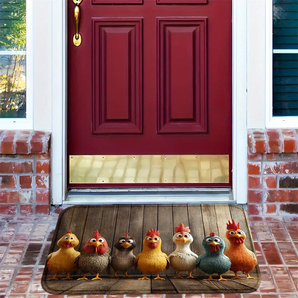 Cartoon Chicken Wood Grain Welcome Doormat, Non Slip Floor Mat for Kitchen Bathroom Patio and Balcony, Spring Summer Decor