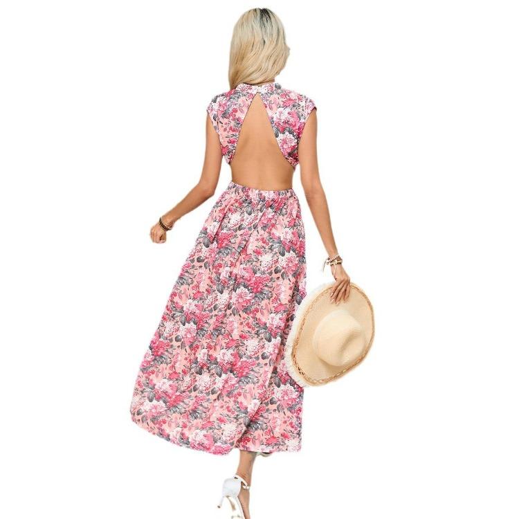 Sommer Lässig Geblümt Ärmellos Rückenfrei Hohe Taille A-Linie Halboher Kragen Knöchellange Kleider Damen Frühling