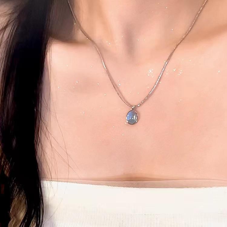 Silver Color Oval Blue Crystal Pendant Necklace Ladies Girl Luxury Snake Chain Necklace Fashion Jewelry Gifts for Women New