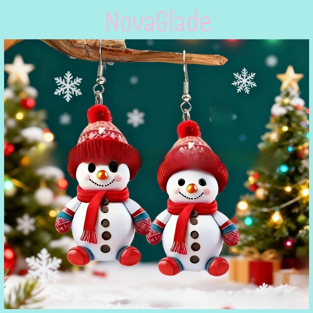 Christmas Snowman Acrylic Cartoon Earrings With Red Scarf And Hat For Holiday Party Wear