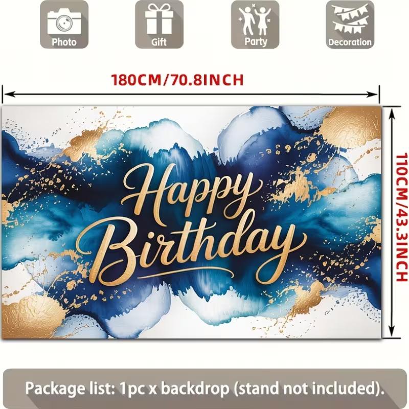 2D Blue Gold Ink Wash Happy Birthday Backdrop Banner Photography Background for Men Party