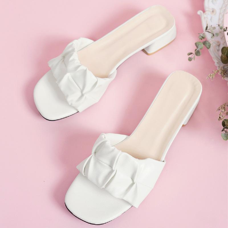 

Плиссированные тапочки большого размера, женские новые, на толстом каблуке, с открытым носком, модные шлепанцы на высоком каблуке для женщин 35 белый