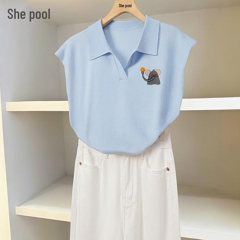 Women s Cartoon Print Lapel Sleeveless Ice Silk T-Shirt One Size светло-синий