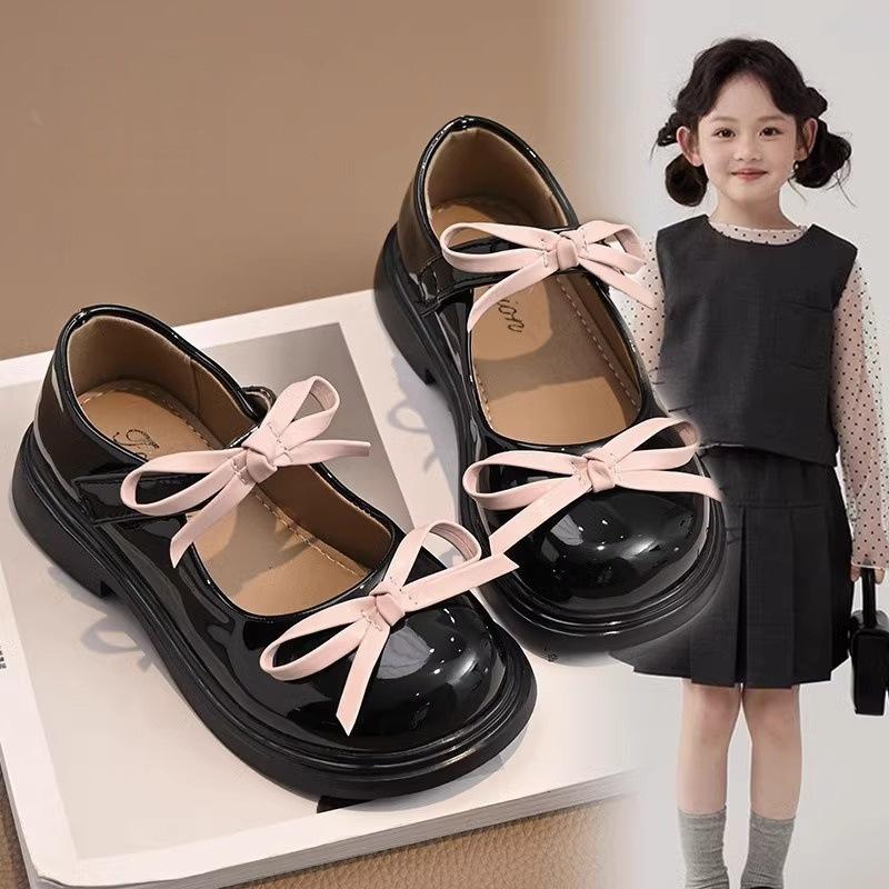 Girls bow princess leather shoes 2025 spring and autumn lolita children shallow mouth single shoes middle and older children and students perfo