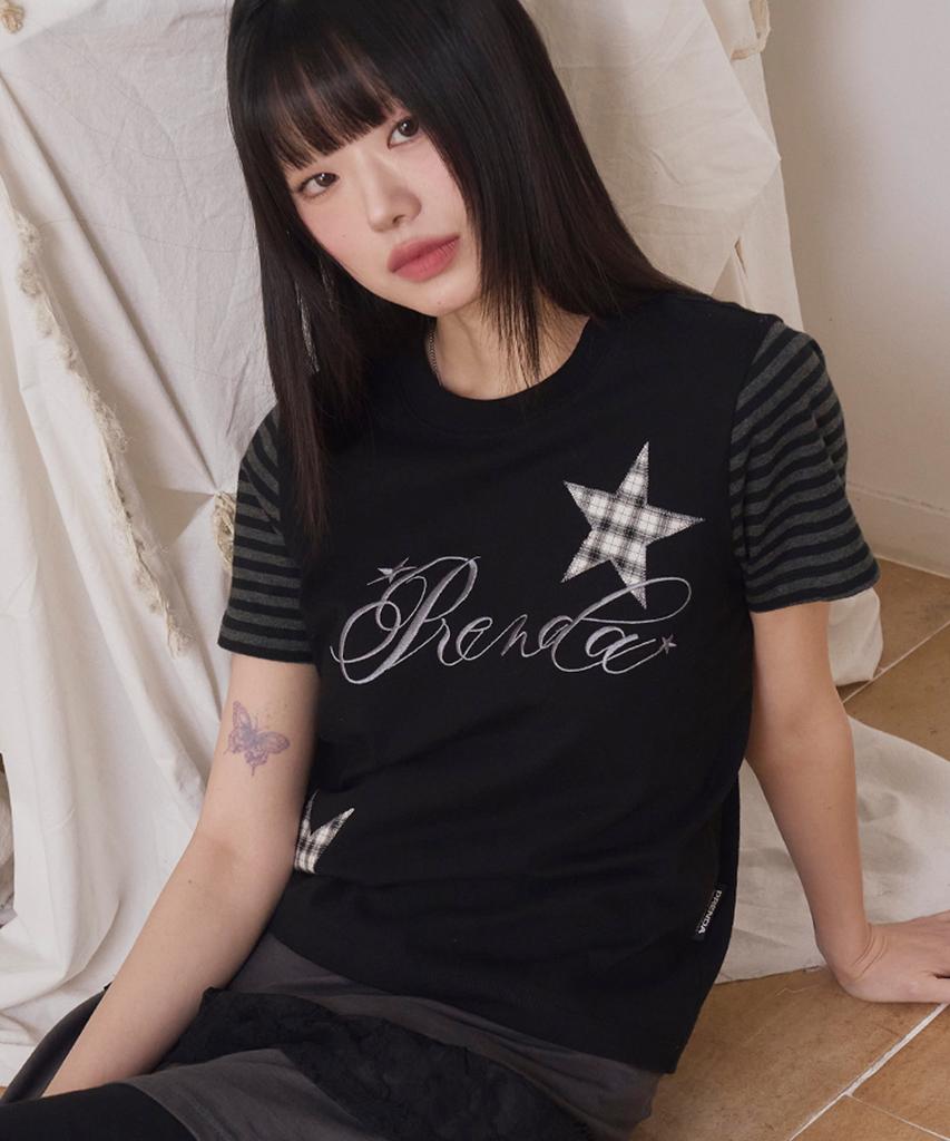 PRENDA Check Star Stripe Crewneck Tee Black